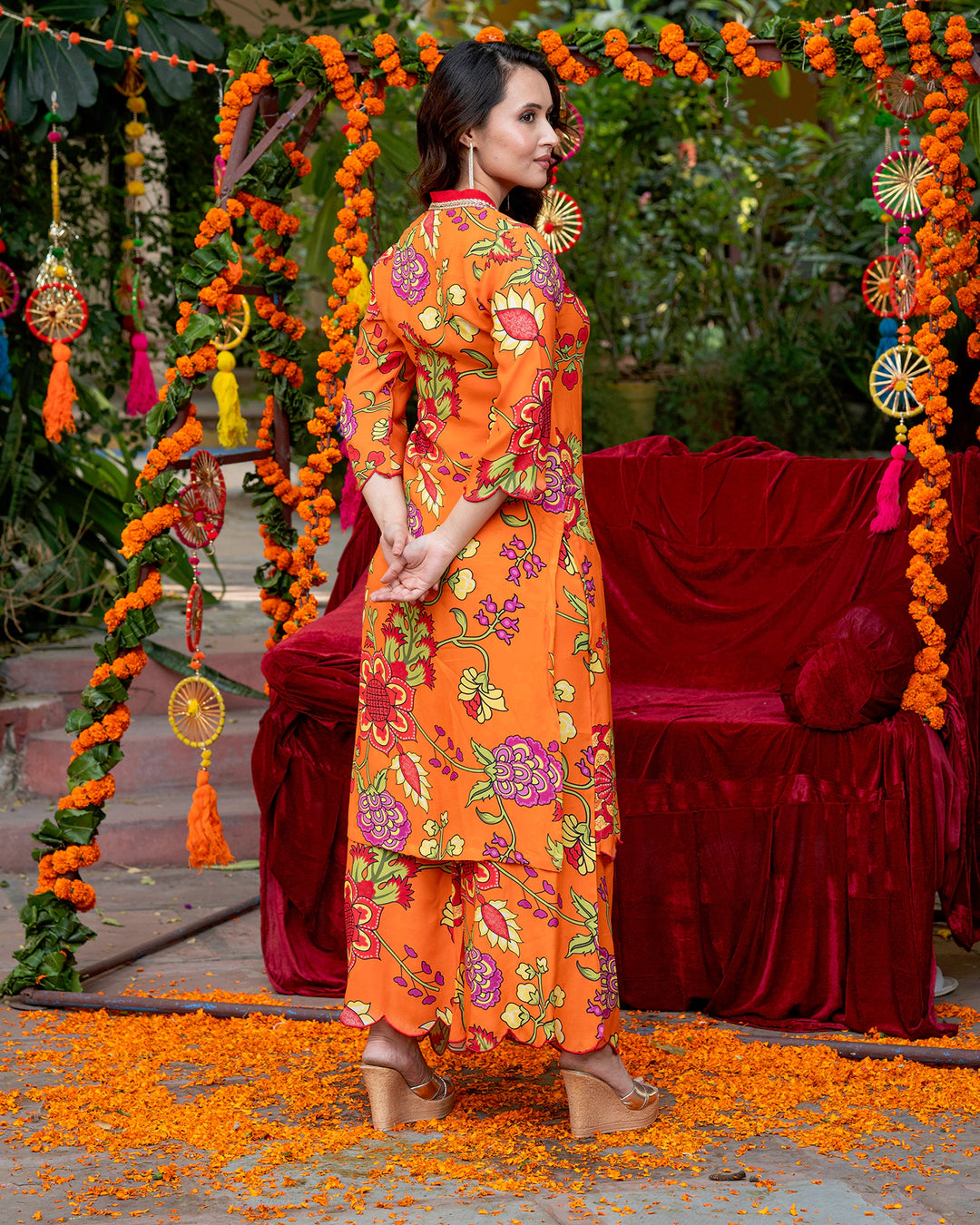 Orange Floral-Stroked Kurta Set