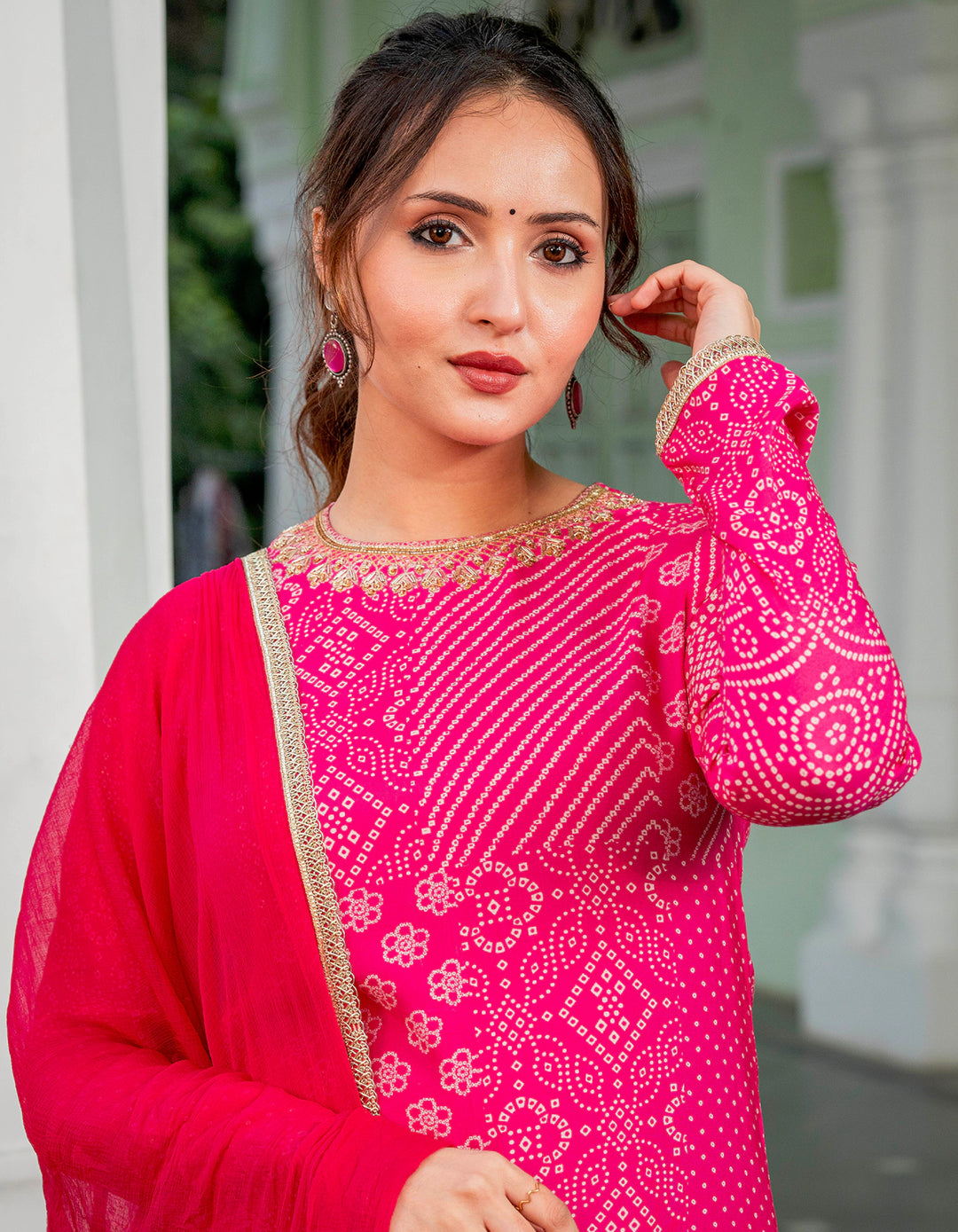 Pink Bandhej Muslin Suit Set