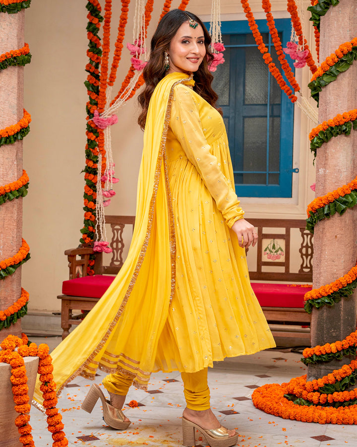 Mustard Mukaish Work Suit Set