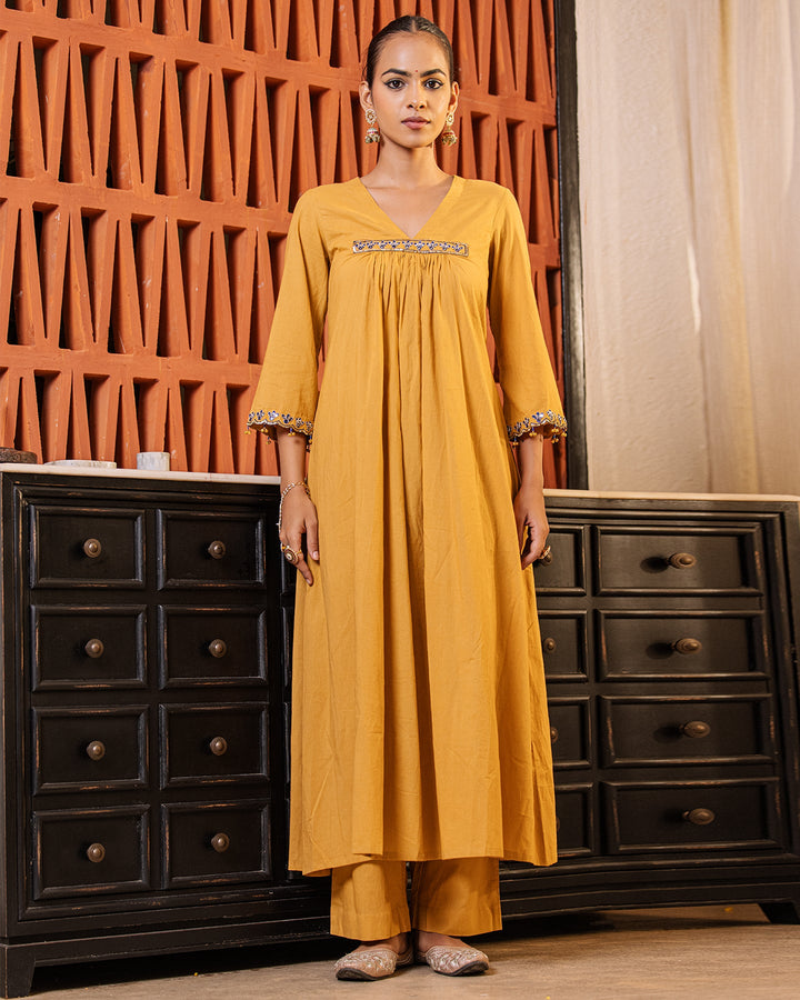 Mustard Mirror A-line Kurta Set