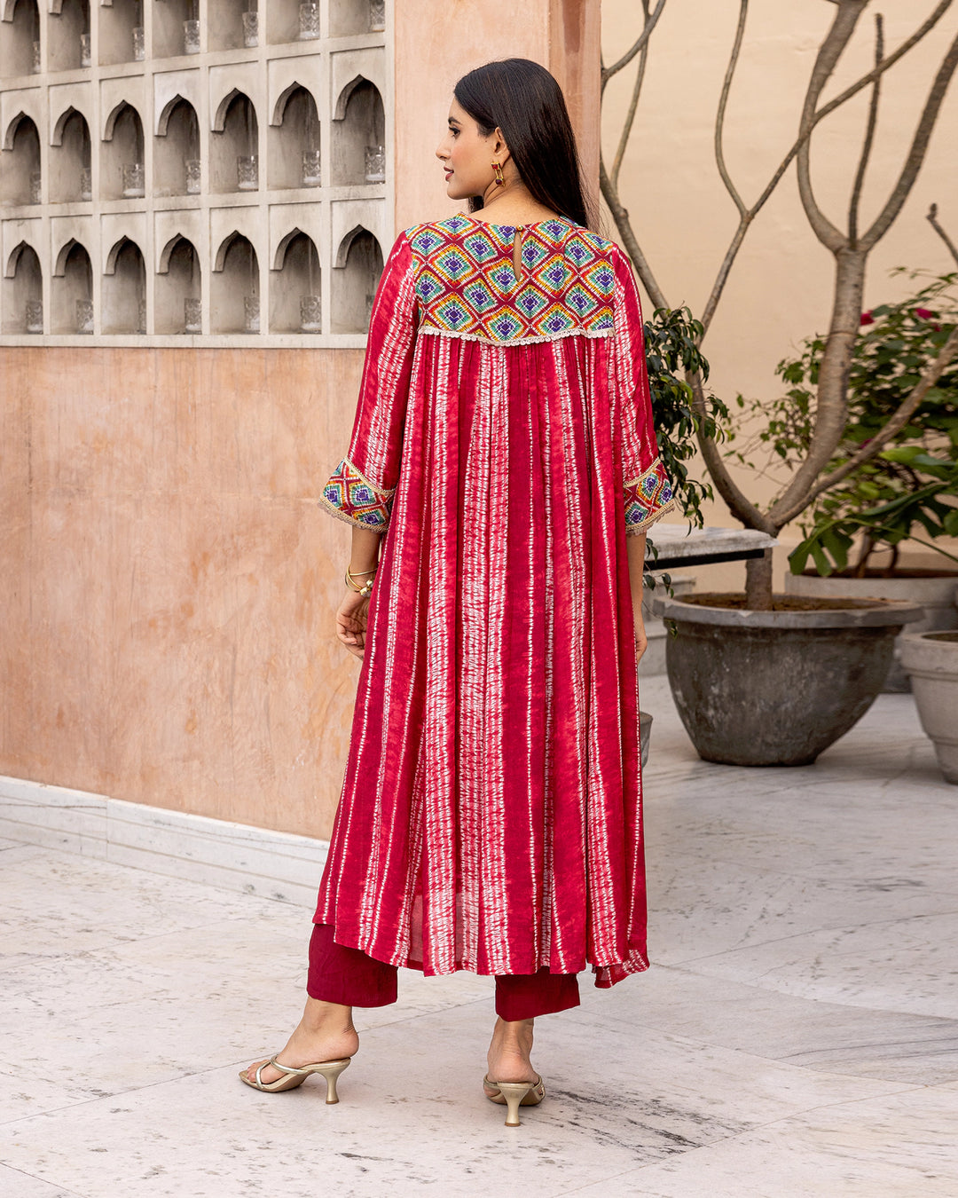 Red Tie Dye Gathered Kurta Set