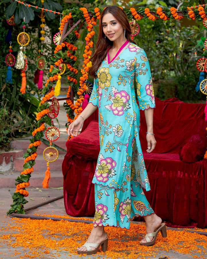 Blue Floral-Stroked Kurta Set