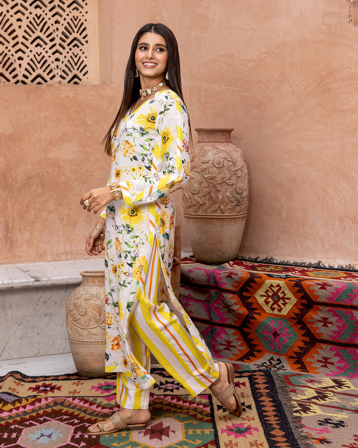 White Blossom & Stripe Kurta Set