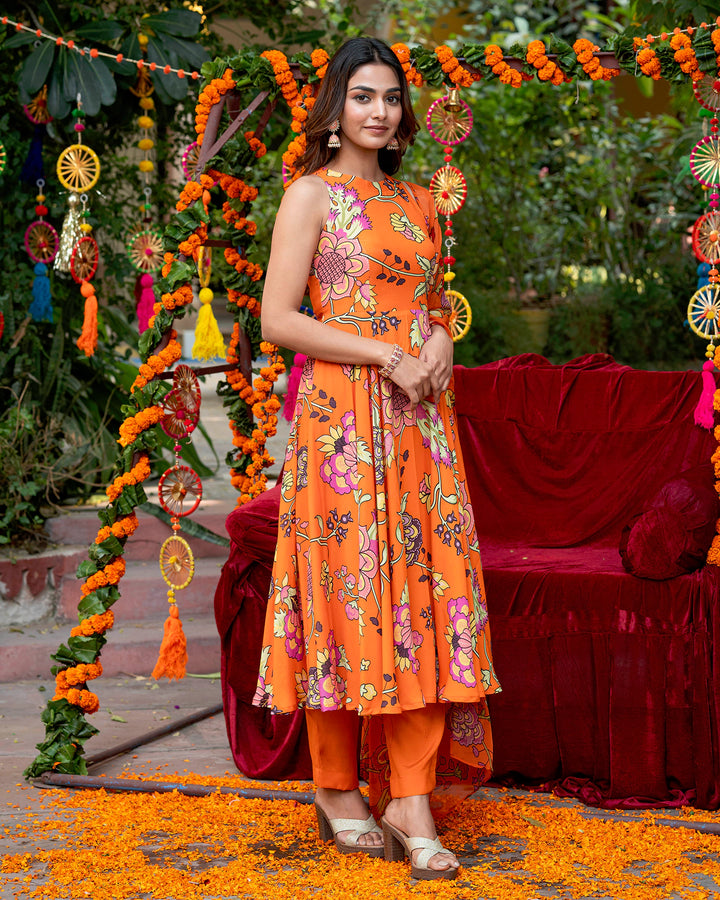 Orange Floral-Stroked Suit Set