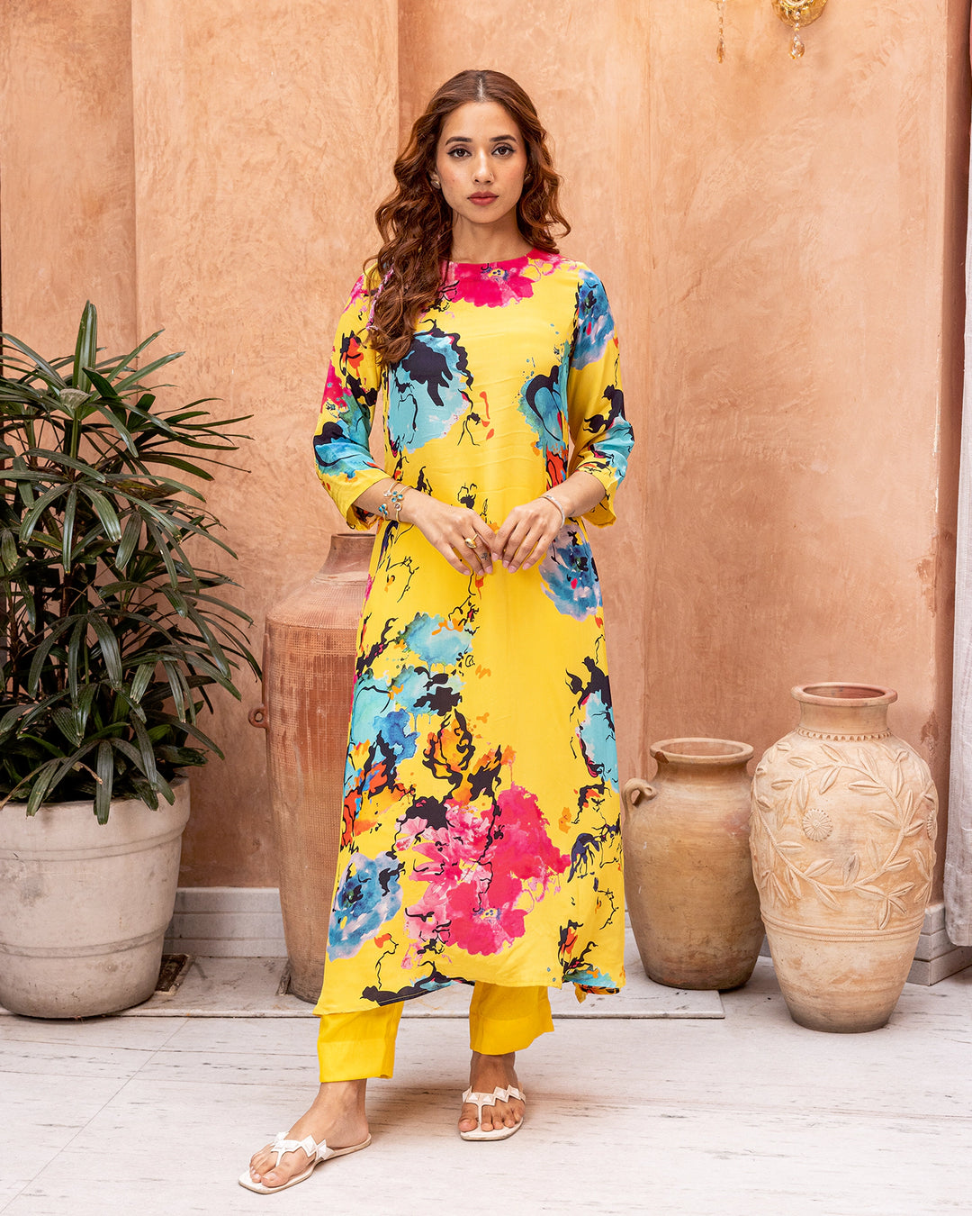 Yellow Aquarelle Blossom Kurta Set