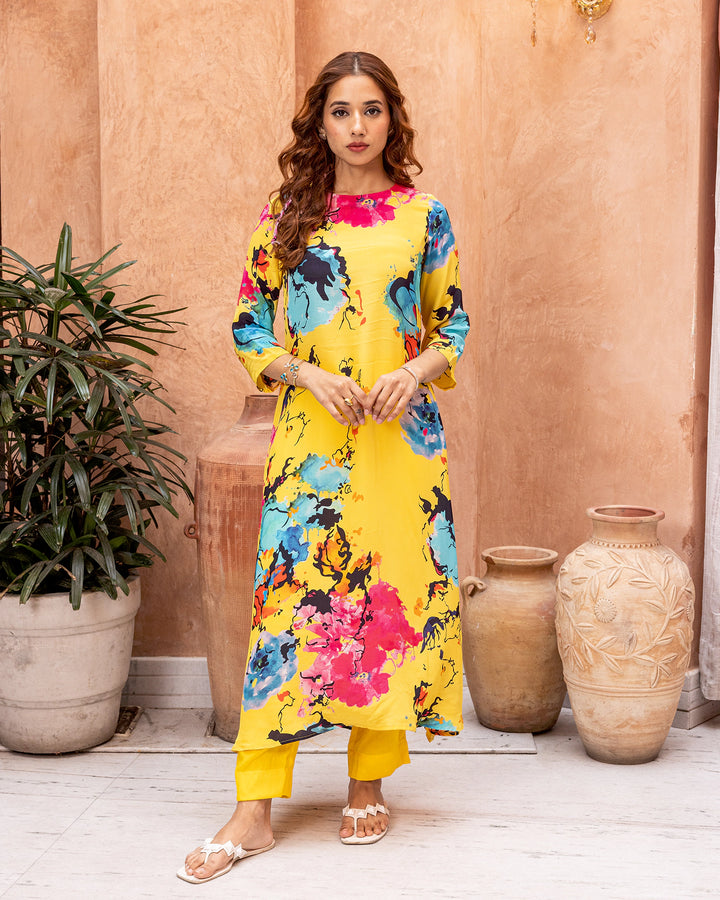 Yellow Aquarelle Blossom Kurta Set
