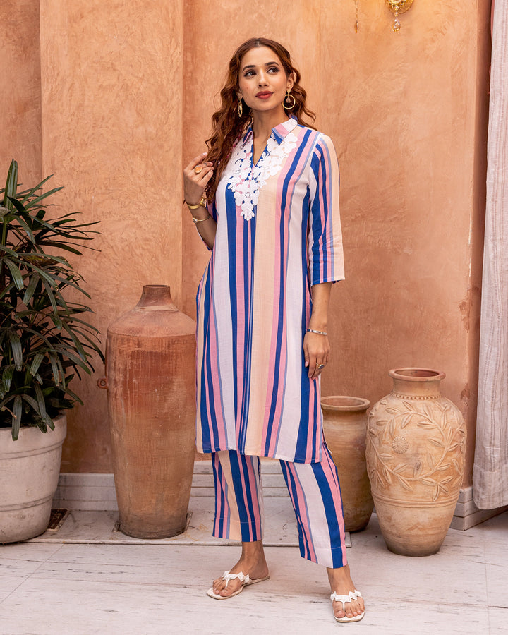 Blue Floral Patch & Stripe Kurta Set