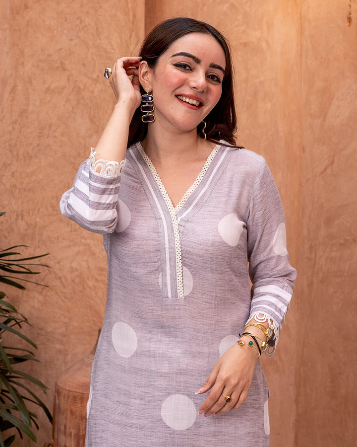 Grey Lace & Polka Kurta Set