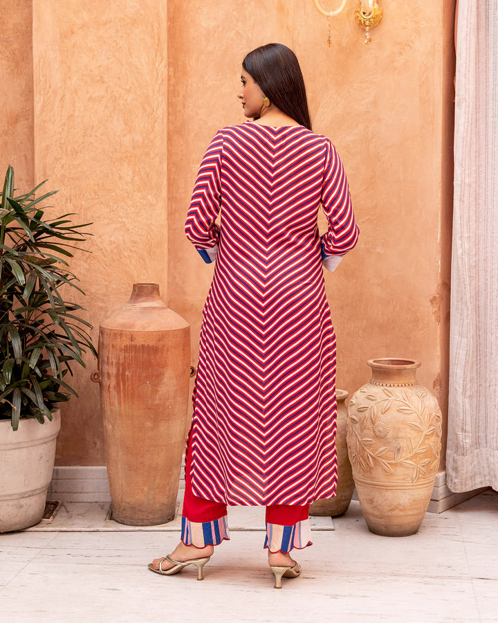 Red Stripes & Floral Kurta Set