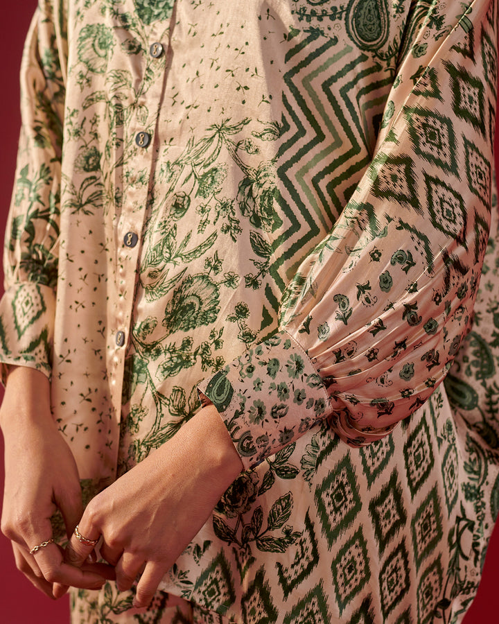 Ivory Green Print Platter Shirt Set