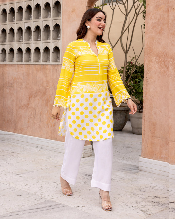 Yellow Stripe & Polka Kurta Set