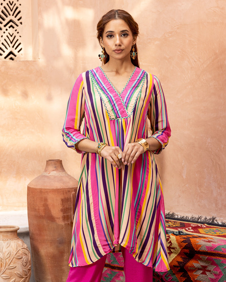 Pink Blossom & Stripes Kurta Set