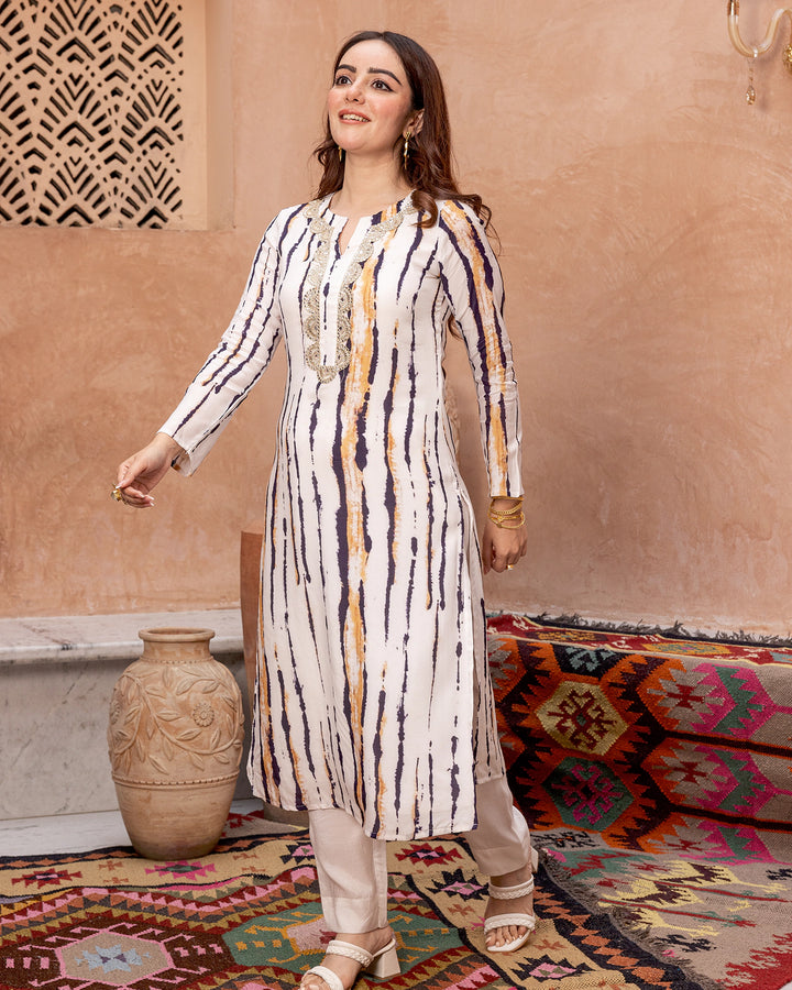 White Tie Dye Embroidered Kurta set