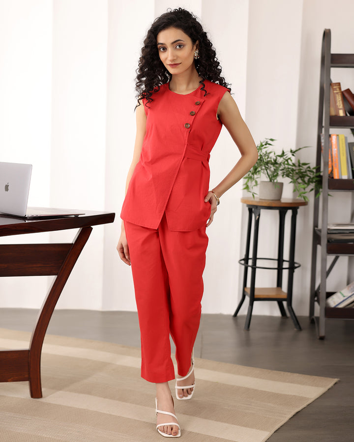 Red Cotton Wrap Top Co-ord Set