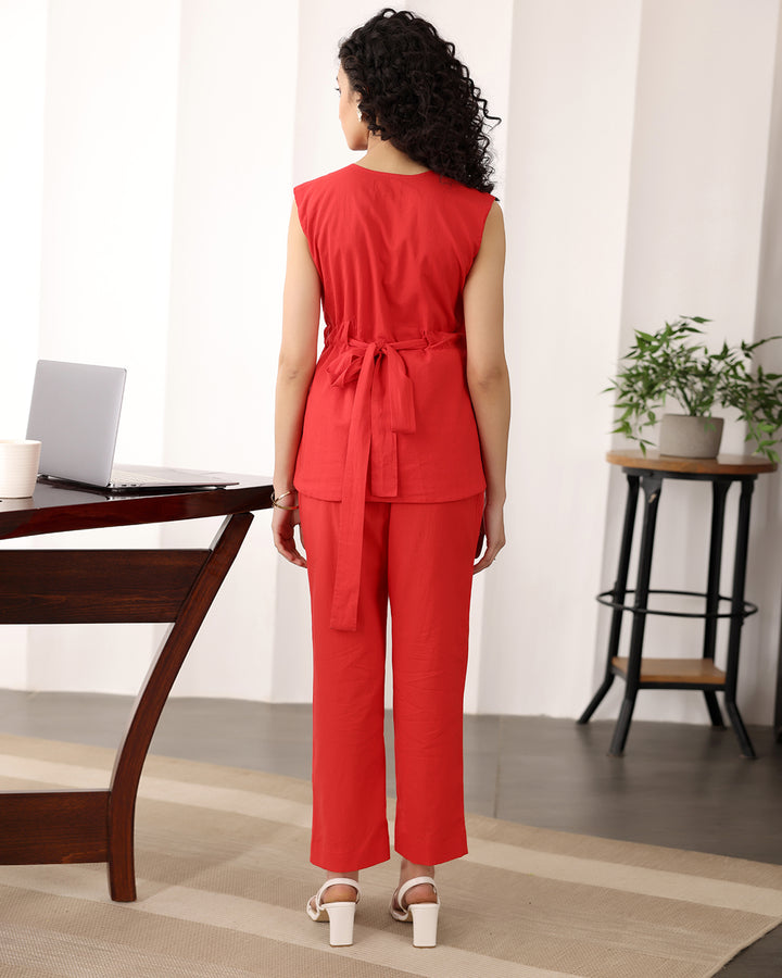 Red Cotton Wrap Top Co-ord Set