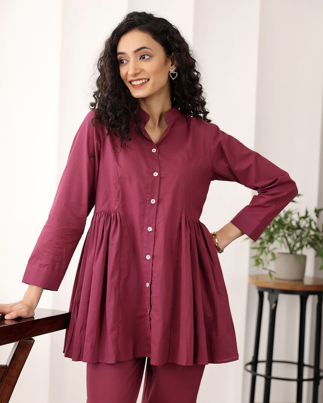 Wine Red A-line Cotton Co-ord Set
