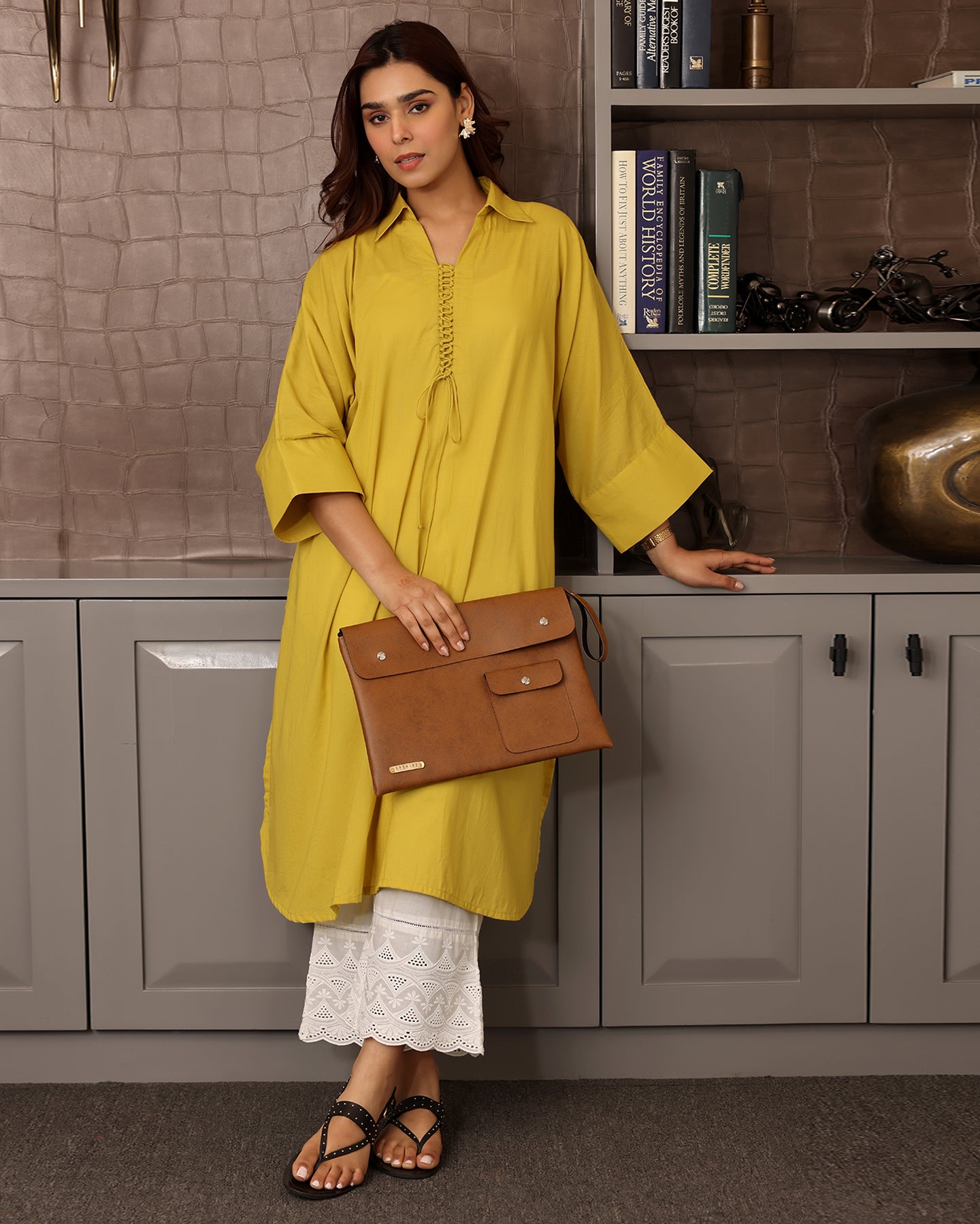 Mustard Embroidered A-Line Kurta Trousers Set