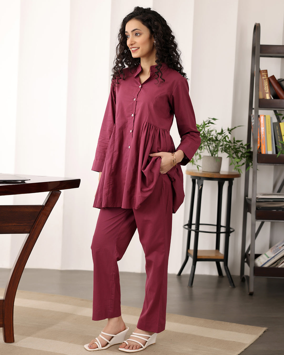 Wine Red A-line Cotton Co-ord Set