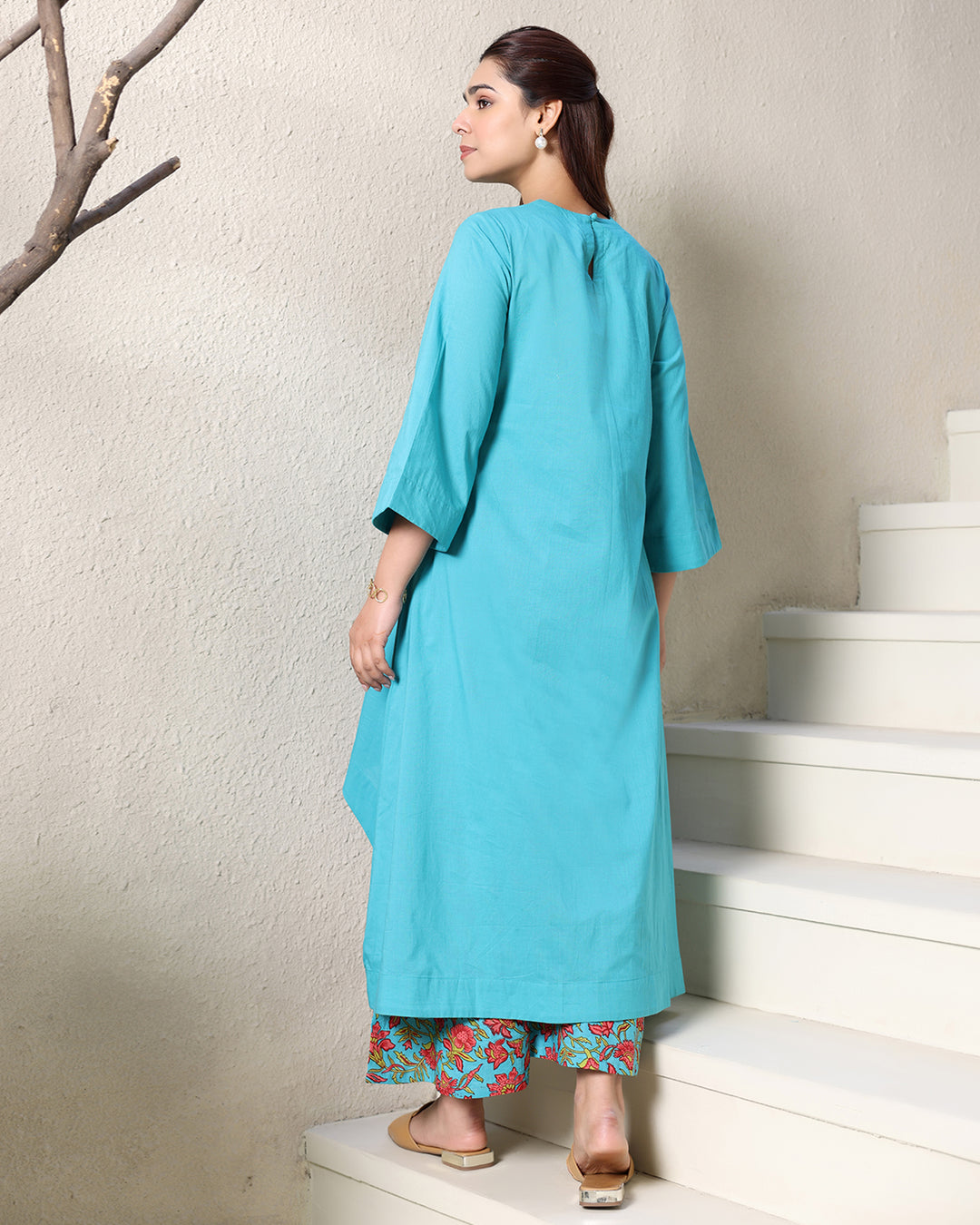 Blue Cotton High-low Kurta Set