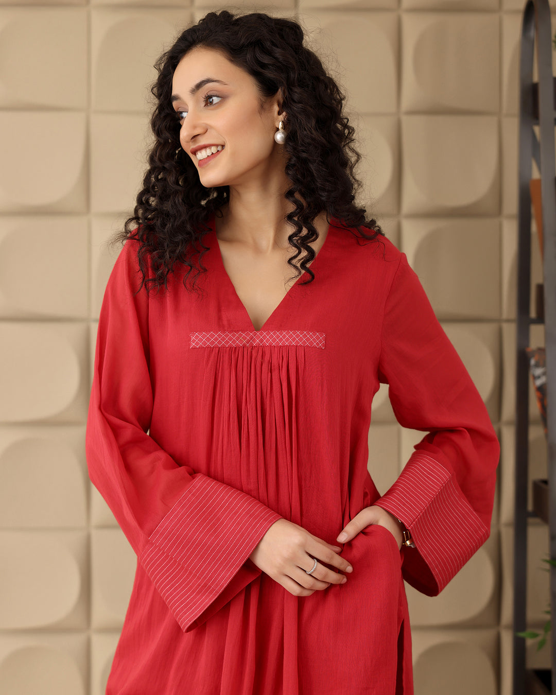 RED GATHERED MULMUL KURTA SET