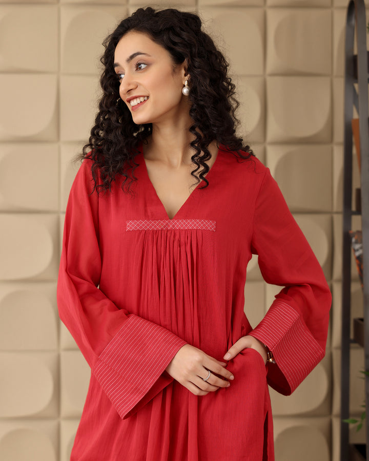 RED GATHERED MULMUL KURTA SET