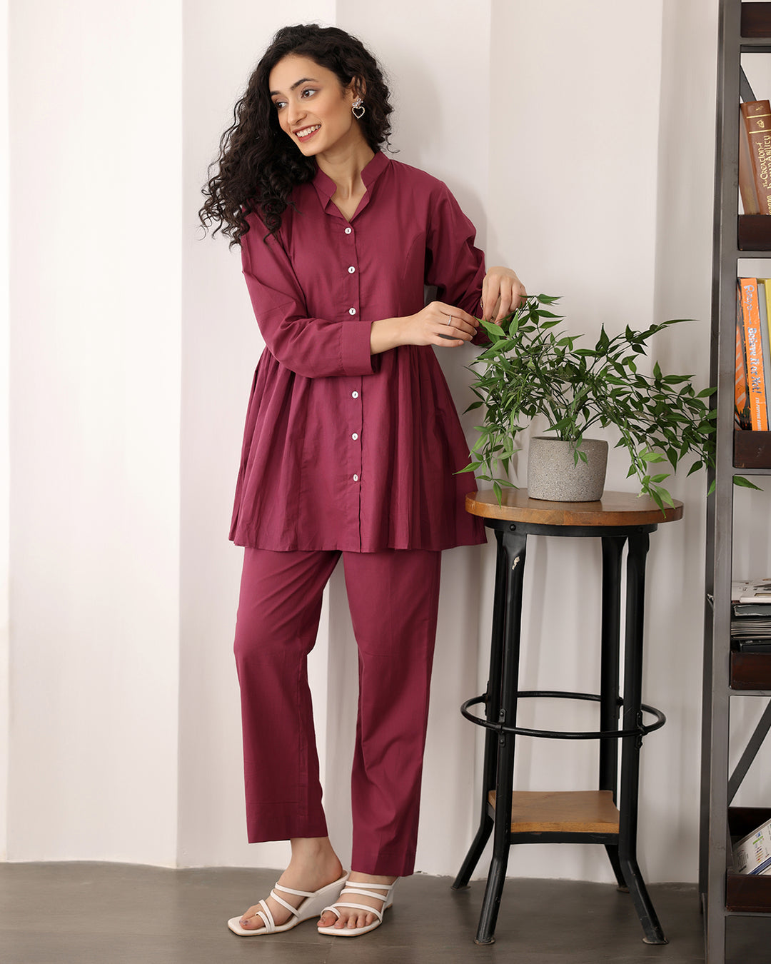 Wine Red A-line Cotton Co-ord Set