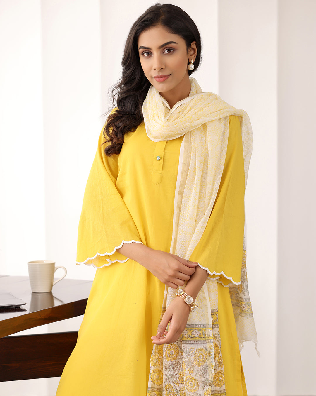 YELLOW A-LINE KURTA- DUPATTA SET