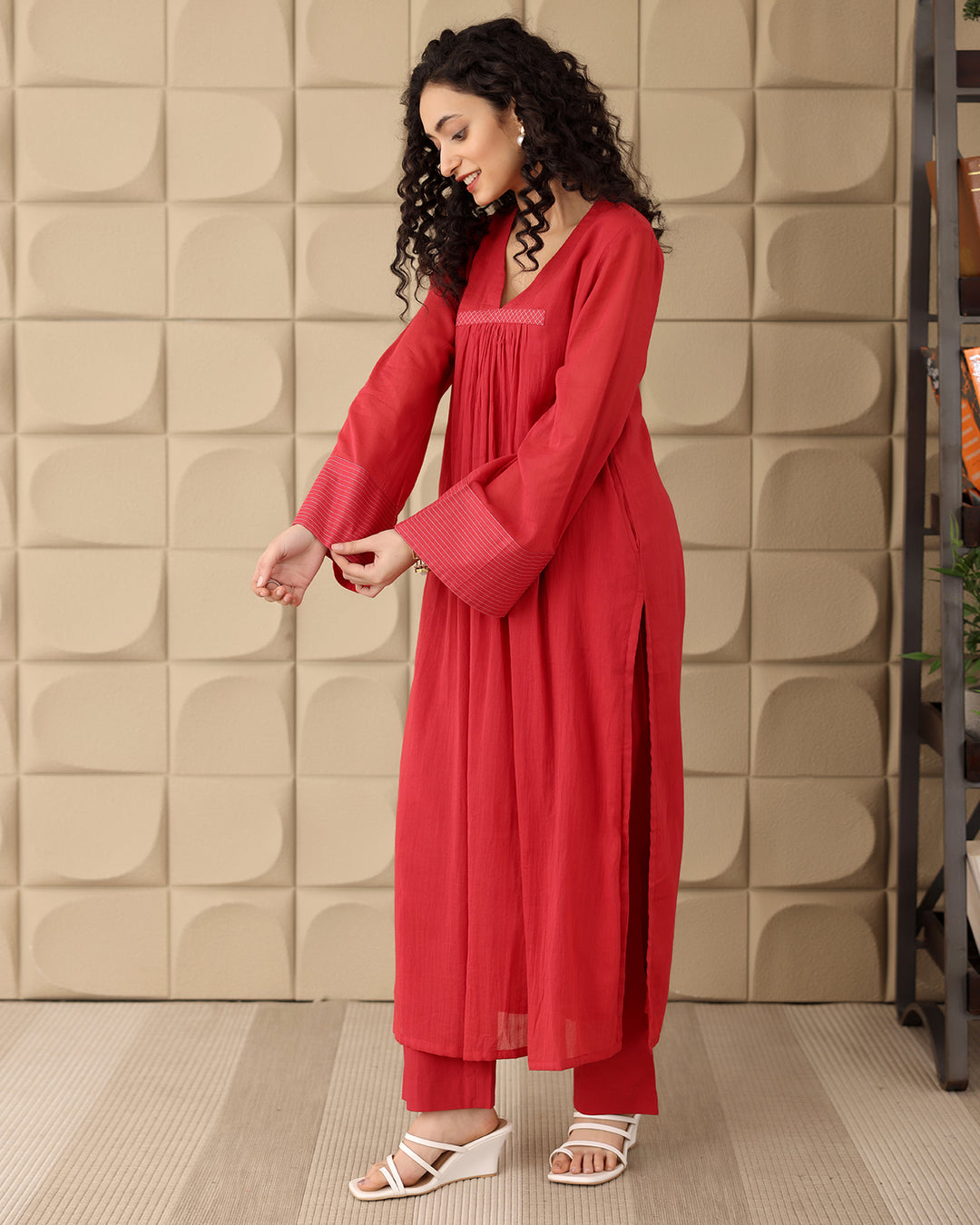RED GATHERED MULMUL KURTA SET