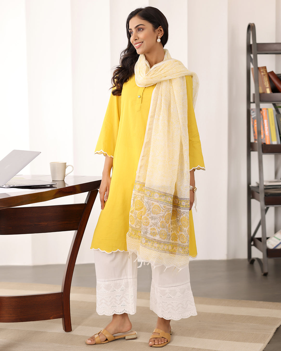 YELLOW A-LINE KURTA- DUPATTA SET