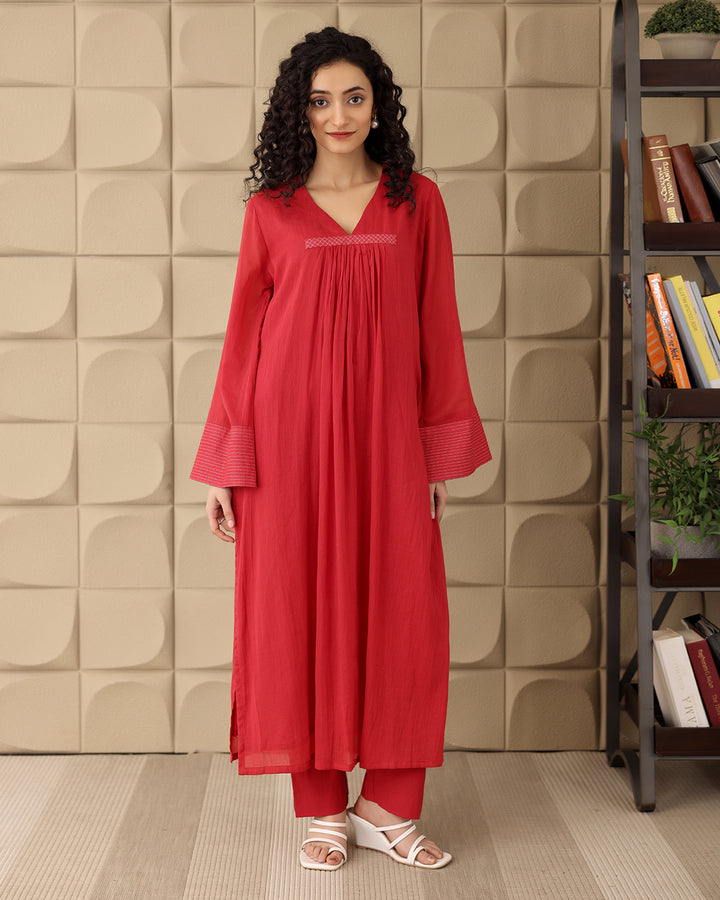 RED GATHERED MULMUL KURTA SET