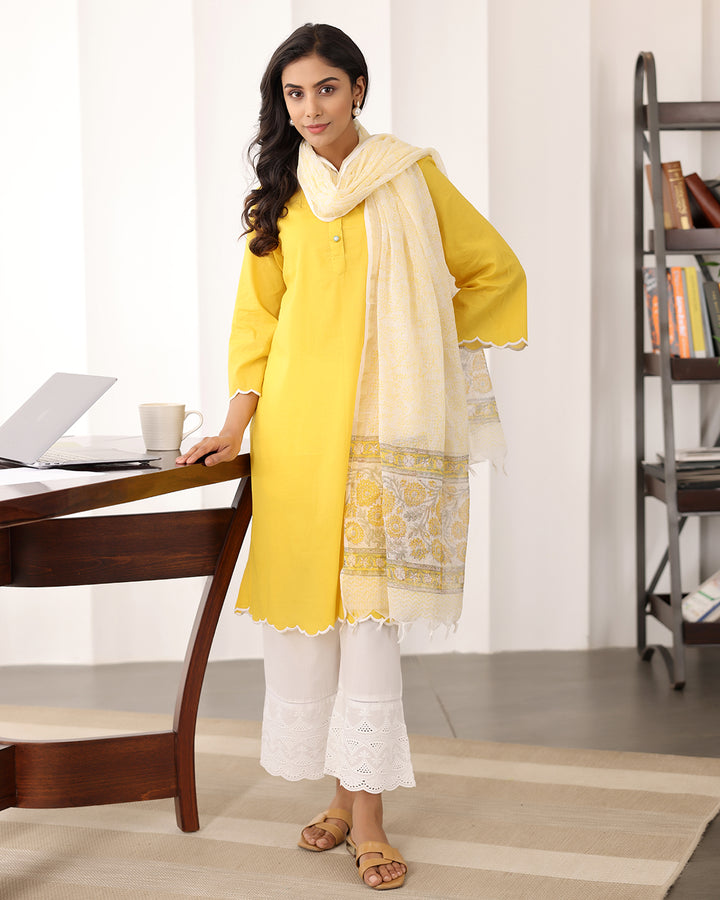 YELLOW A-LINE KURTA- DUPATTA SET