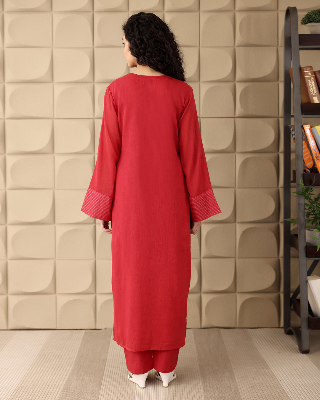RED GATHERED MULMUL KURTA SET