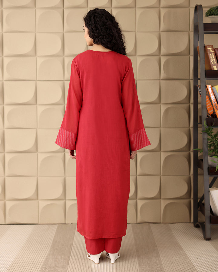RED GATHERED MULMUL KURTA SET