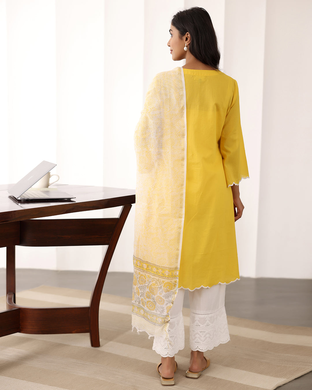 YELLOW A-LINE KURTA- DUPATTA SET