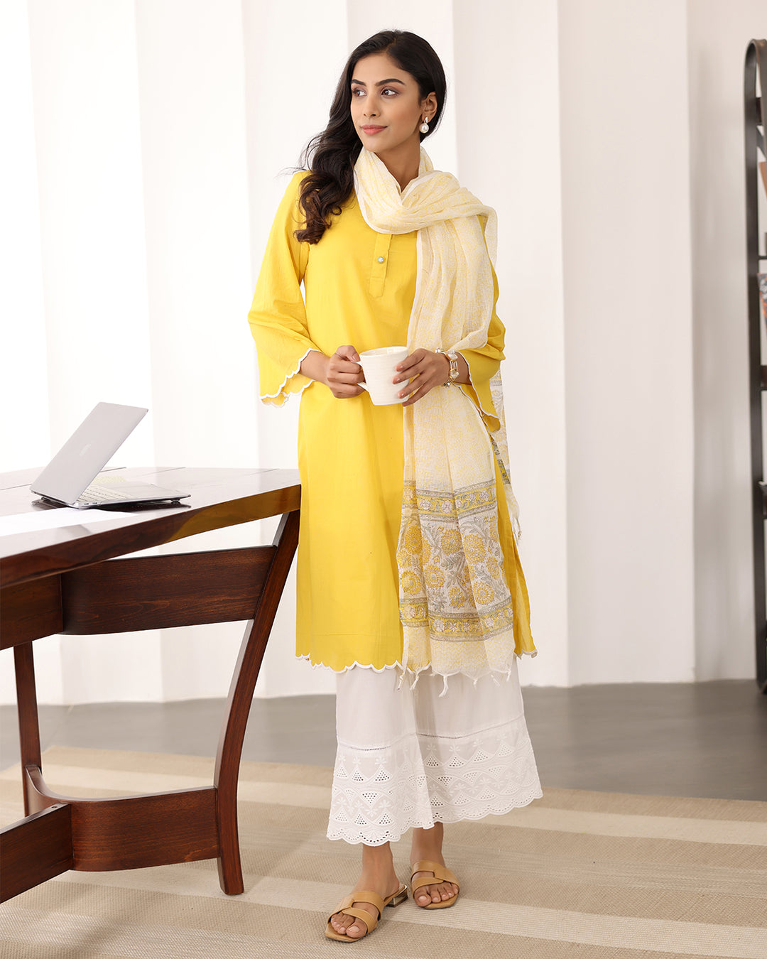 YELLOW A-LINE KURTA- DUPATTA SET