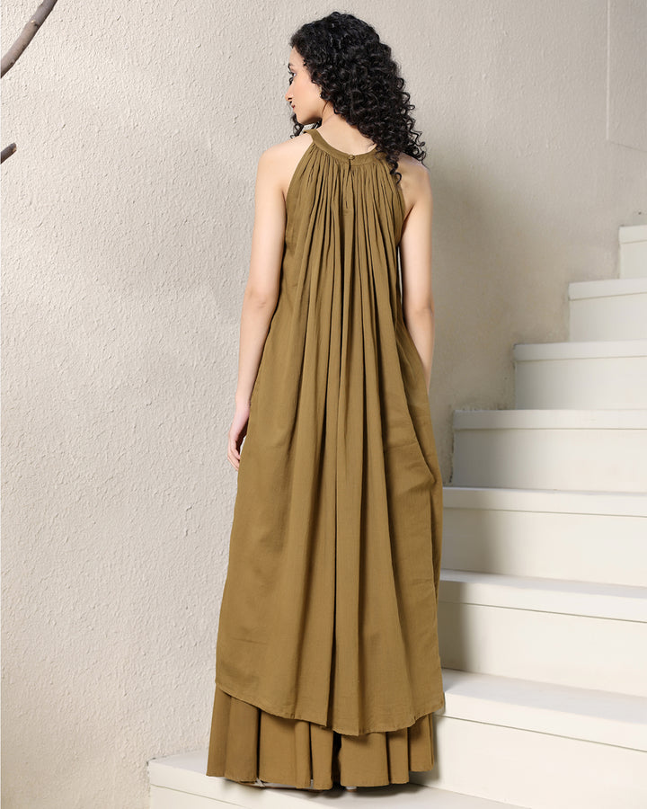 Halter Neck Brown Mulmul Kurta Set