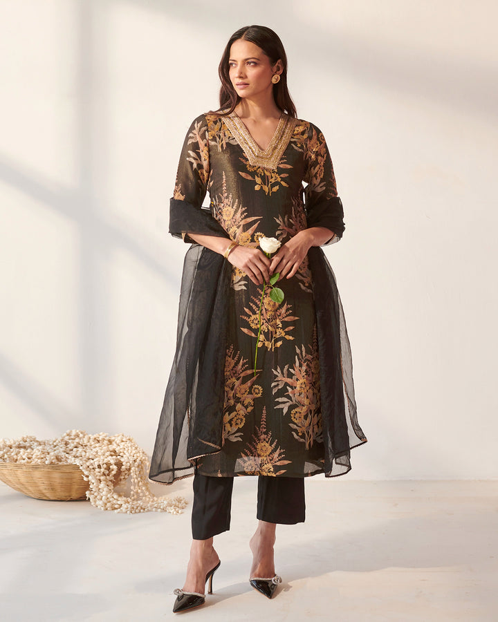 Black Foliage Print Suit Set