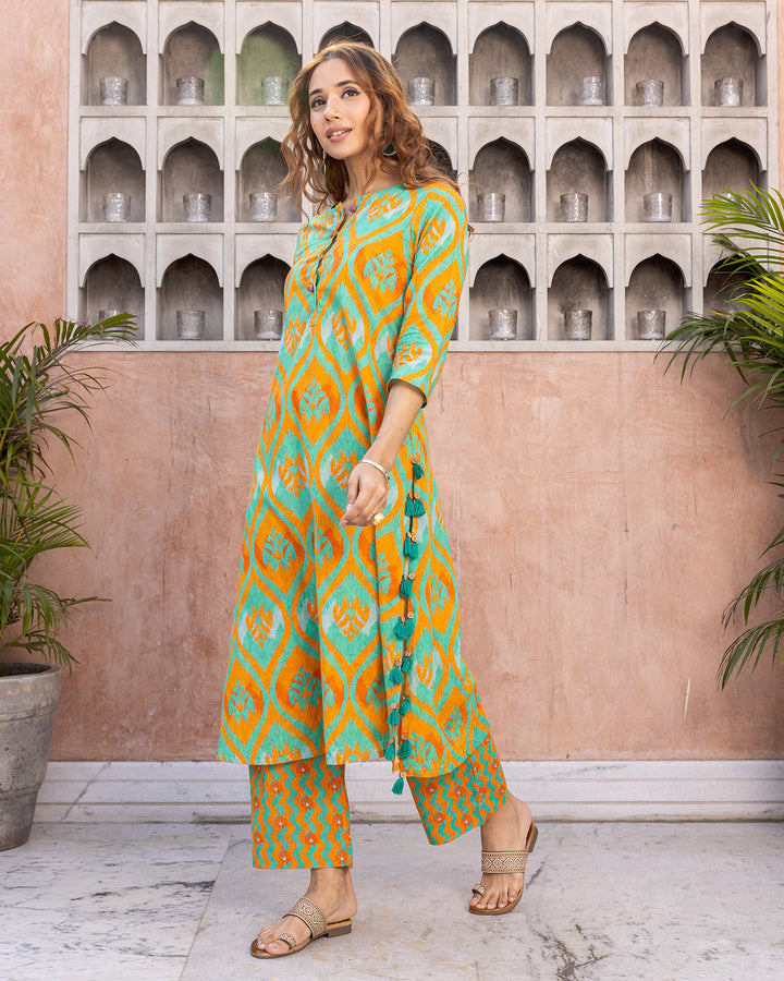 Orange Contrasting Ikat Kurta Set