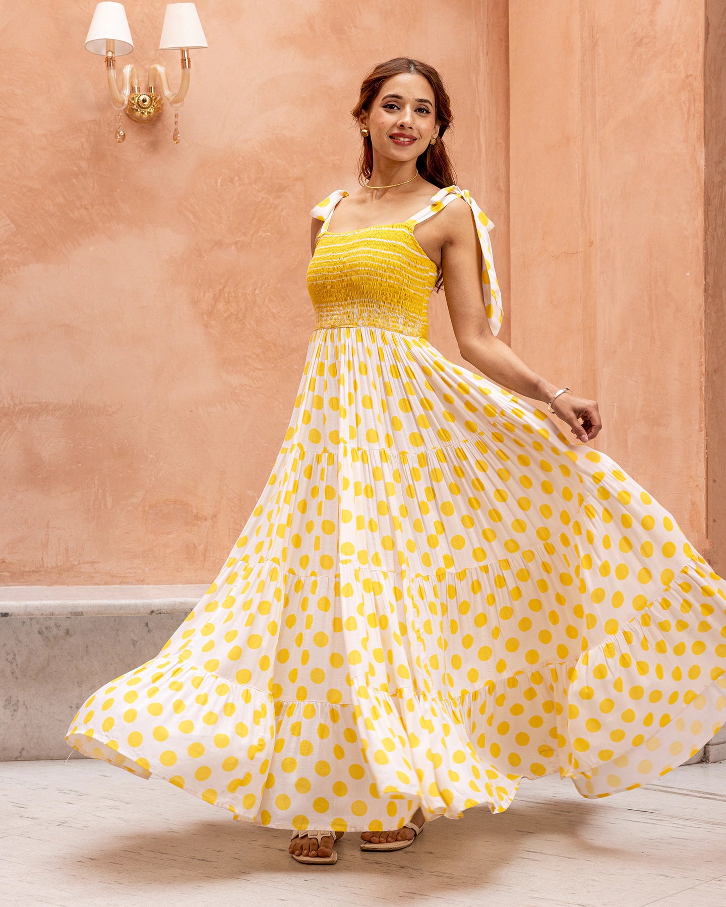 Buy Yellow Smocked & Polka Dress Online in india – Ambraee