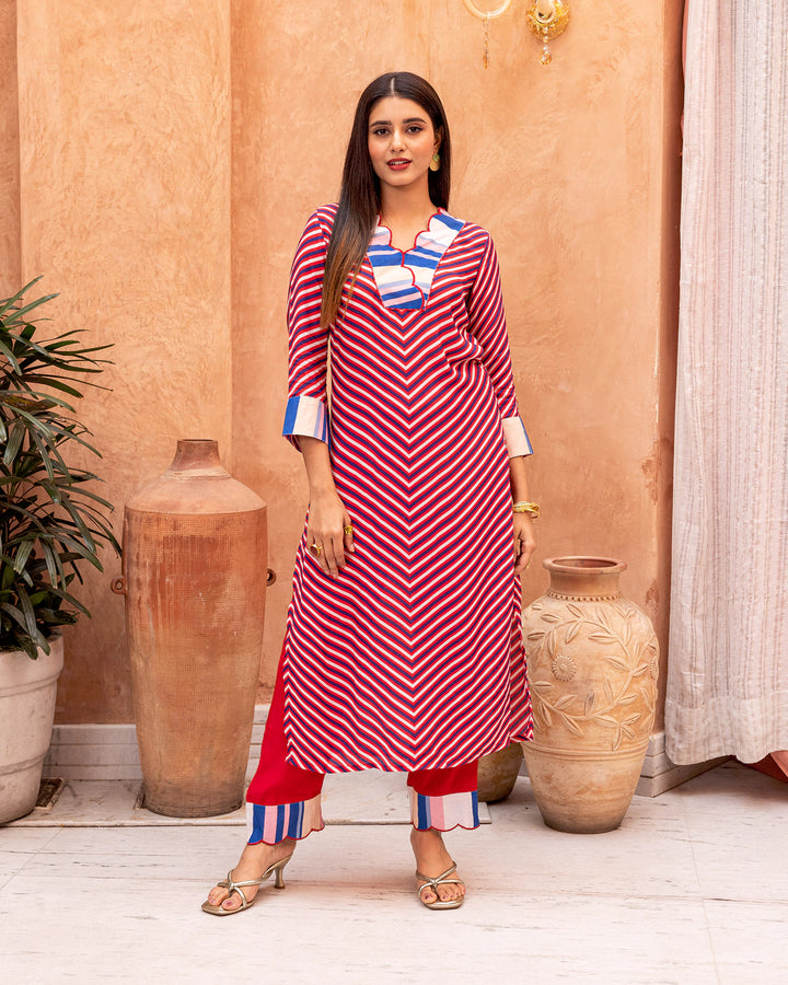 Red Stripes & Floral Kurta Set