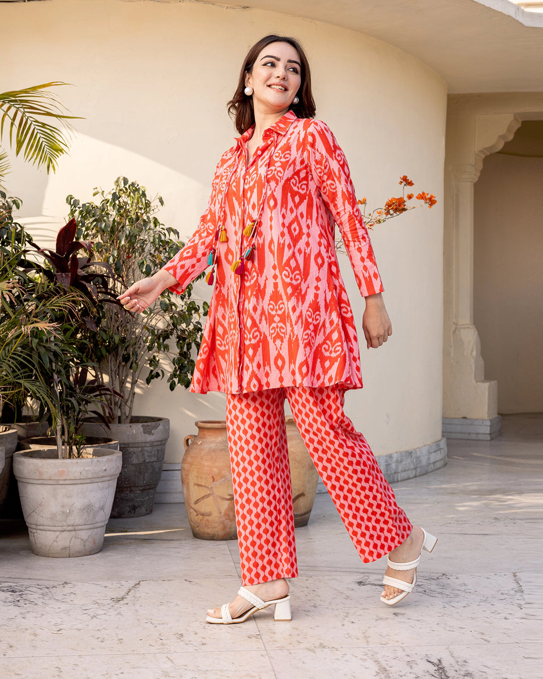 Coral Red Ikat Co-ord Set