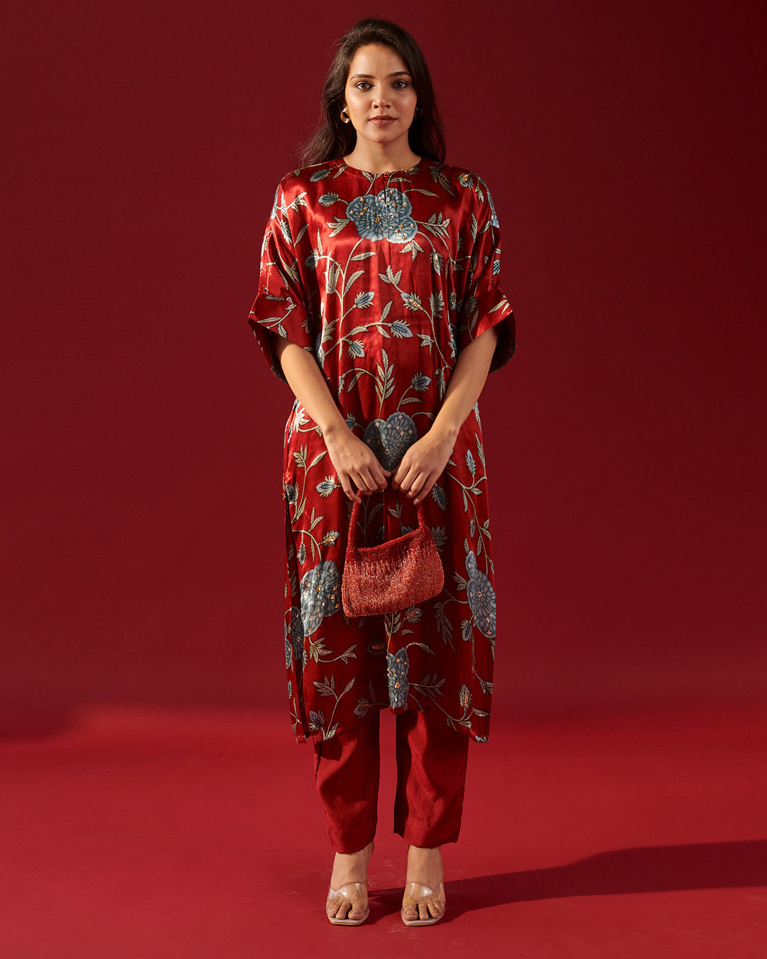 Red Floral Vine Kaftan Kurta Set