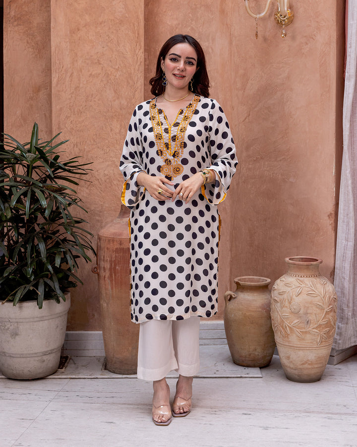 Off-White Polka Embroidered Kurta Set