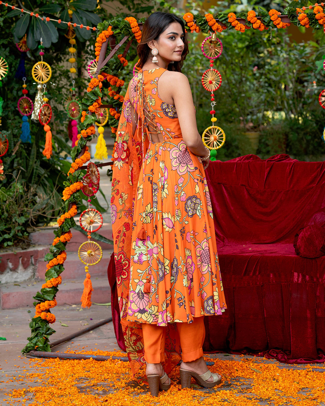 Orange Floral-Stroked Suit Set