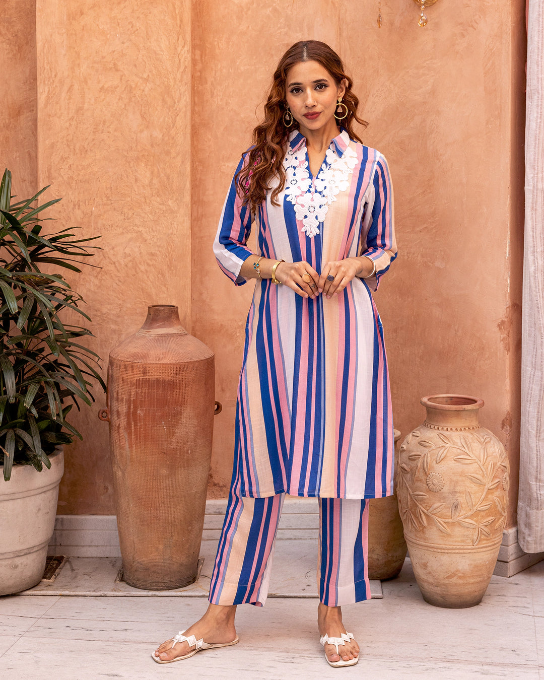 Blue Floral Patch & Stripe Kurta Set
