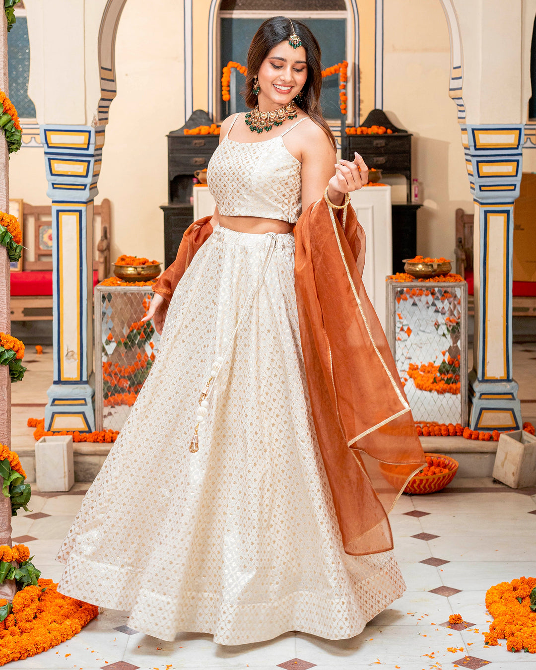 Ivory Self-Embroidered Lehenga Set