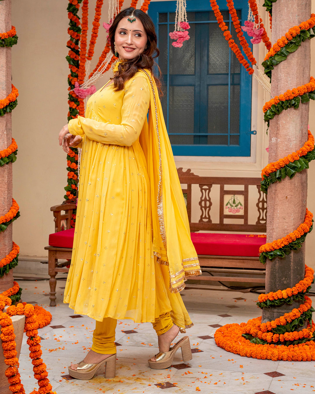 Mustard Mukaish Work Suit Set