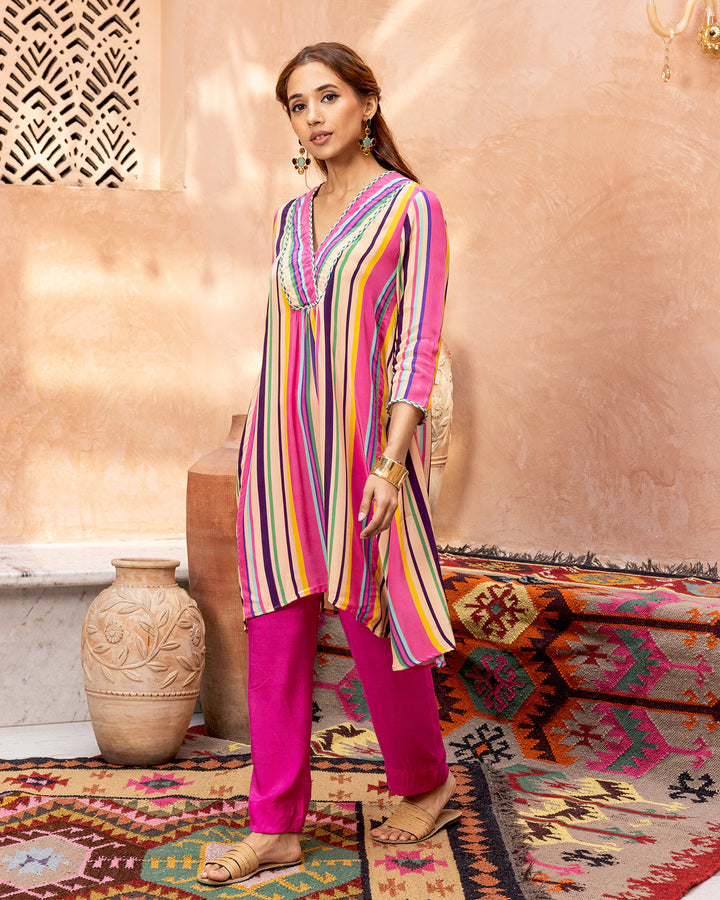 Pink Blossom & Stripes Kurta Set