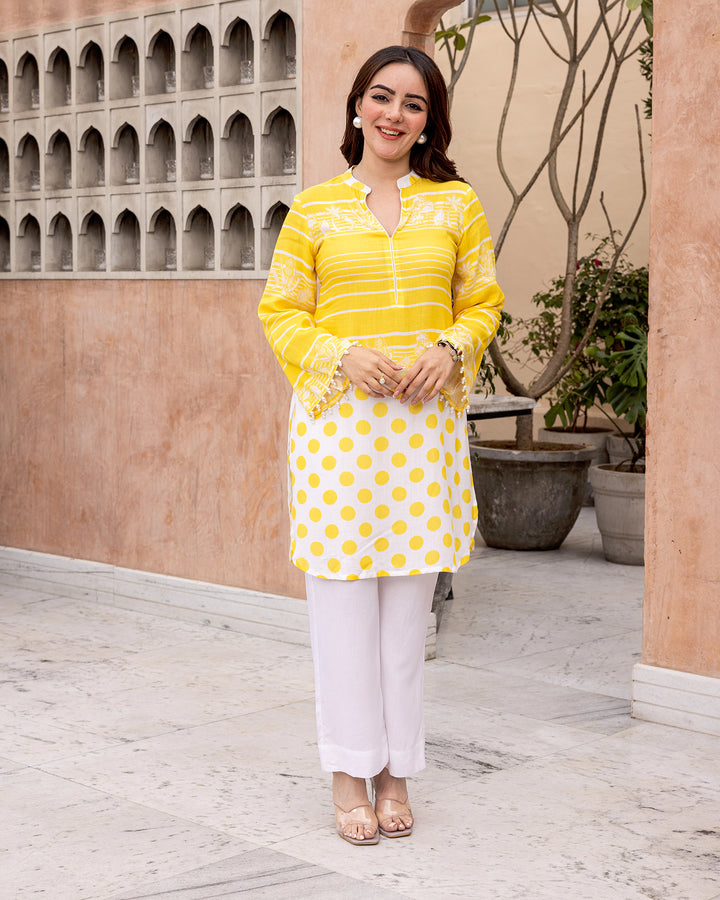 Yellow Stripe & Polka Kurta Set