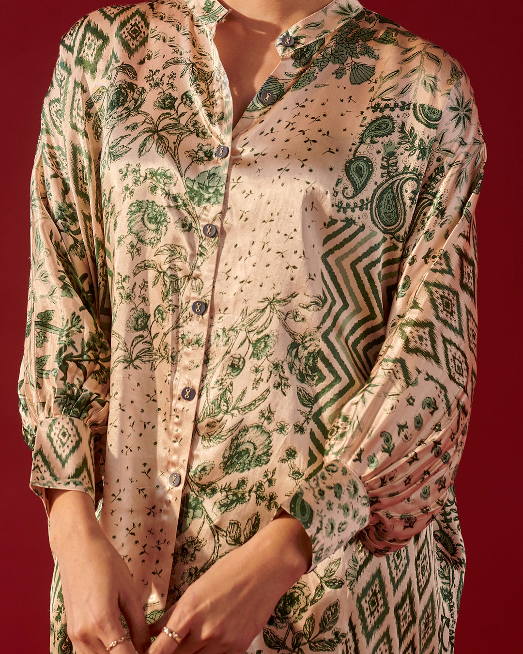 Ivory Green Print Platter Shirt Set